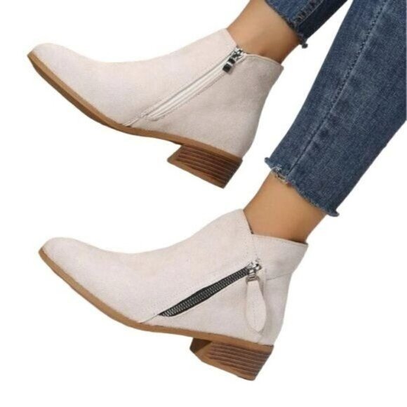 Chunky Heel Side Zip Faux Suede Ankle Boots - Picture 6 of 13